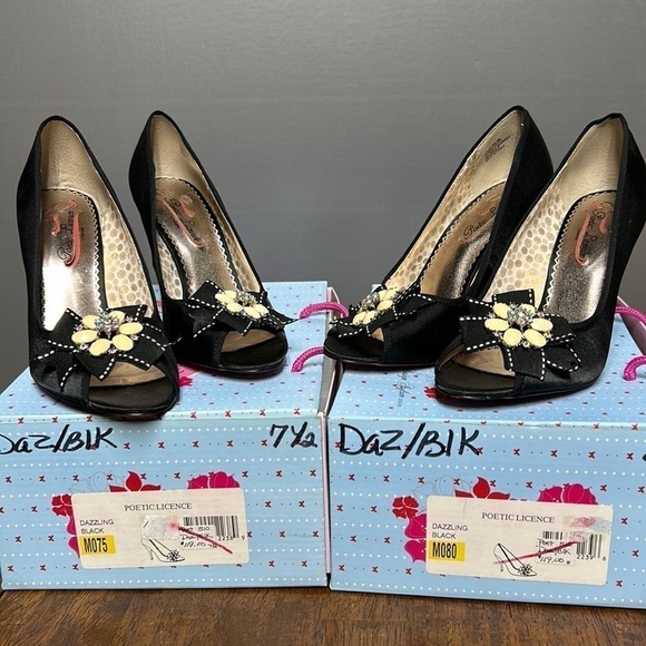 Poetic Licence heel dazzling black size 7.5 new in box satin fabric with glam - Picture 1 of 13